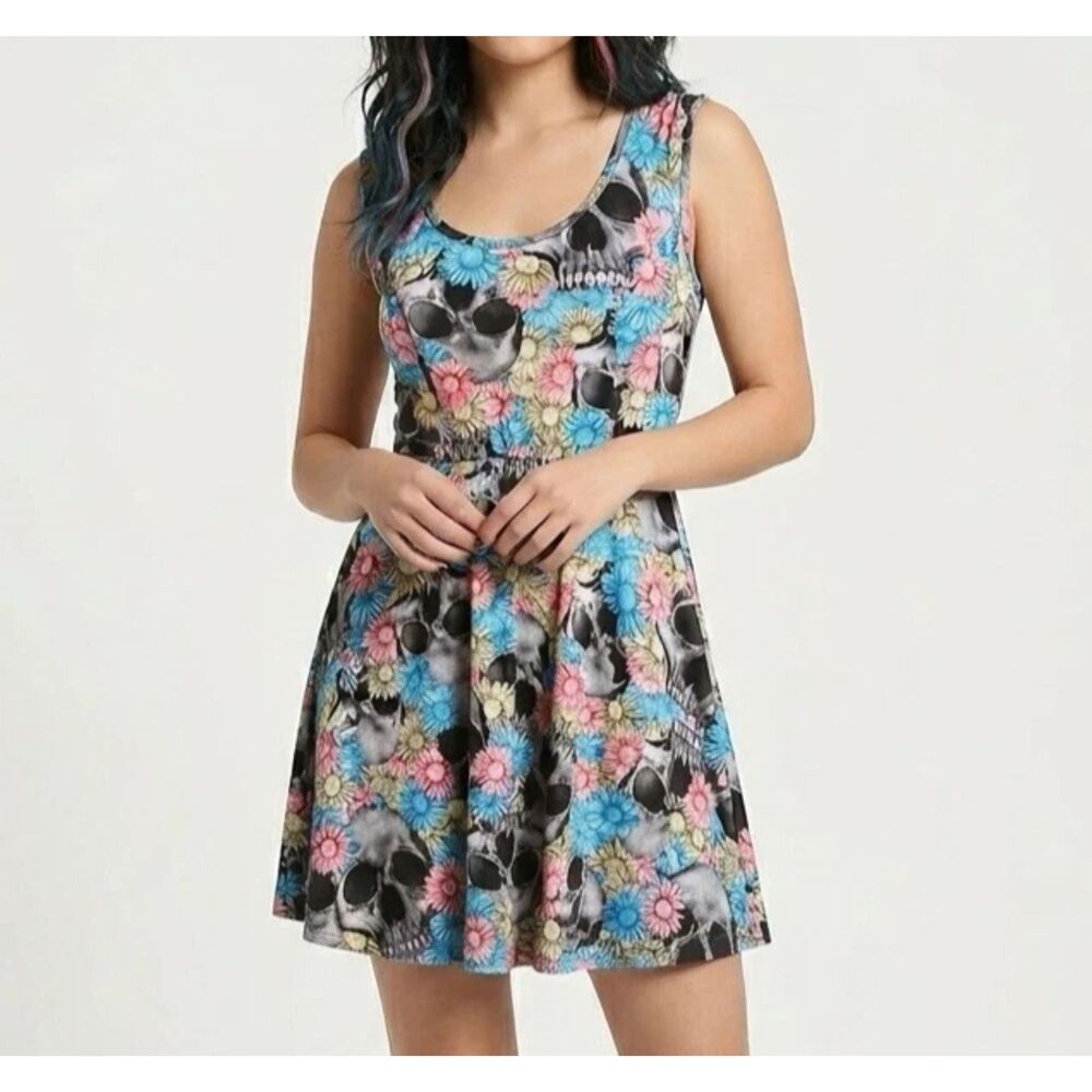 Hot Topic Dress Womens XS Floral Skull Skater Sleeveless Fit Flare Fairygrunge